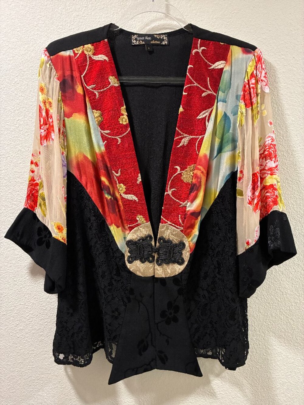 Vintage Spencer Alexis Kimono Contrast Fabrics Red, Black, Teal Floral L EUC